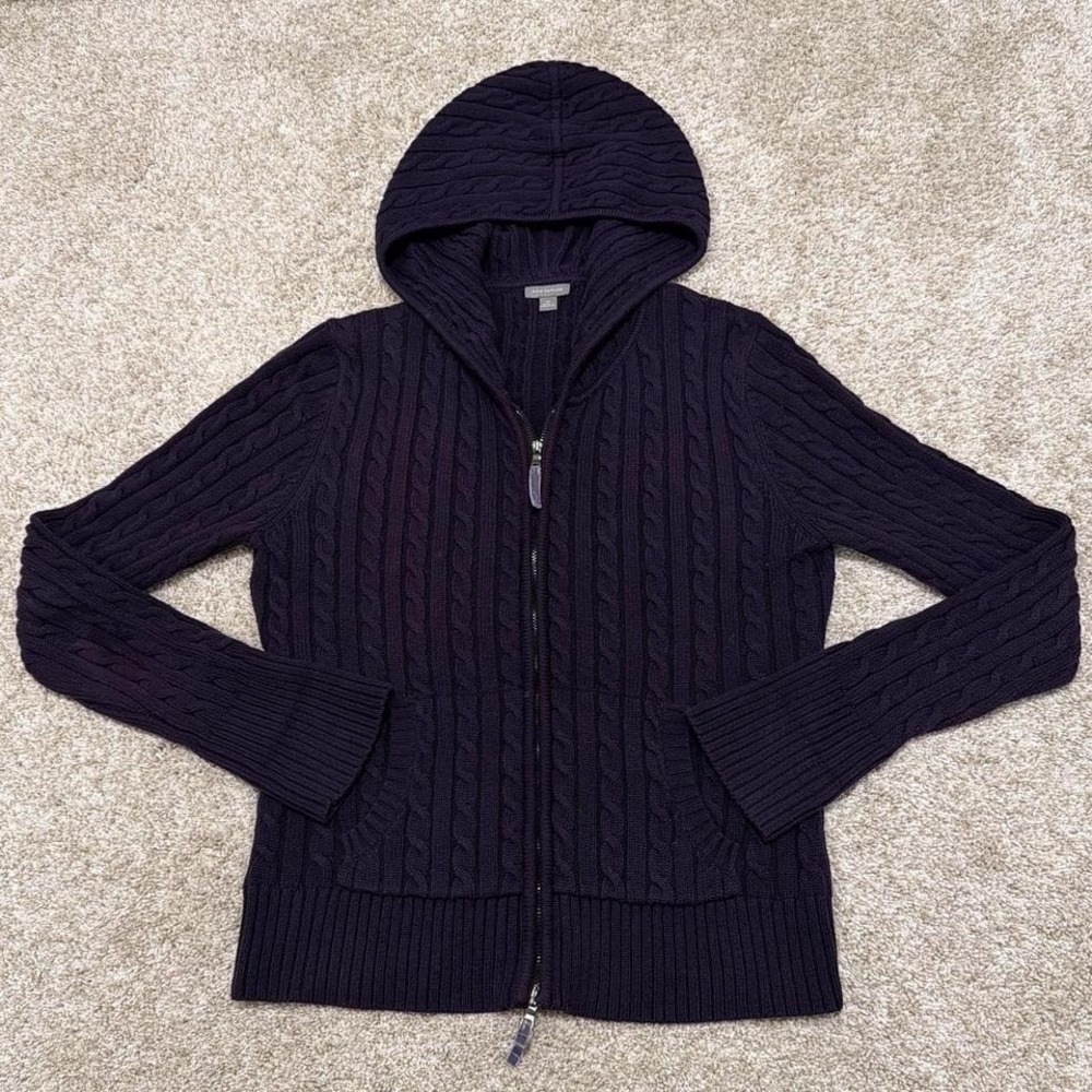 Vintage Ann Taylor Hooded Cable-Knit Zip Sweater | Dark Purple | XS